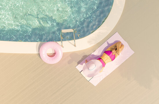 top view of a caucasian girl in a pink bikini and pamela lying by a pool reading a book. 3d render. model render
