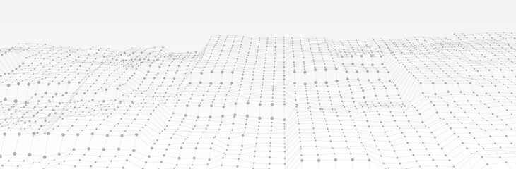 White Gray background. 3d dotted surface. Futuristic landscape. Technology presentation backdrop. Vector illustration 