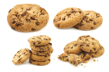 Crunchy chocolate chip cookies on a white background