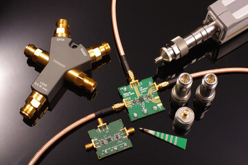 RF PCB and equipment for testing and measurements isolated - obrazy, fototapety, plakaty