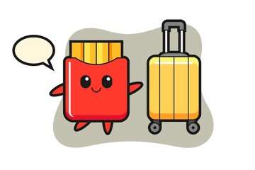 French fries cartoon illustration with luggage on vacation