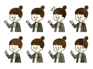 女子学生の表情セット-水彩