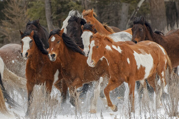 Herd of rodeo horses running through meadow in winter, Kalispell, Montana.