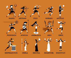 greek mythology orange and black figures olympus gods - obrazy, fototapety, plakaty