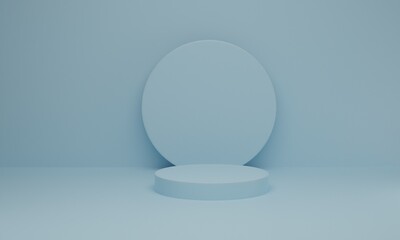 Minimal scene with podium on blue pastel background. Geometric shape. Abstract scene with geometrical forms. 3d rendering.