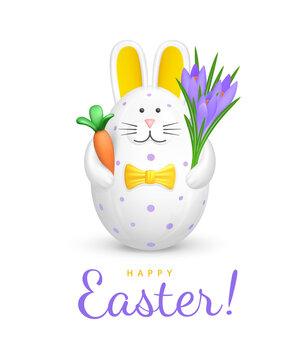 Happy Easter greeting card. Cute Bunny shaped Easter Egg. Figurine of white rabbit with purple speck with yellow bow tie, holding carrot and bouquet of blue violet crocuses