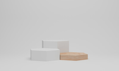 3d render. White podium in hexagon shape. Pedestal mockup on white background. Wood platform for product presentation