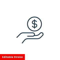 Salary, sell, money, business, buy, hand line icon. Simple outline style. Save, cash, coin, currency, dollar, finance concept. Vector illustration isolated on white background. Editable stroke EPS 10
