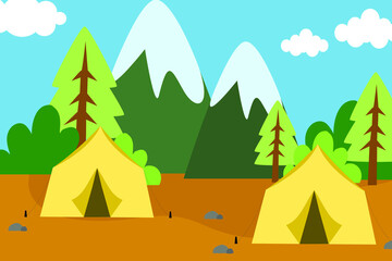 Vector illustration background with camping situation theme. Yellow tent in the woods with best landscape view in the background. 