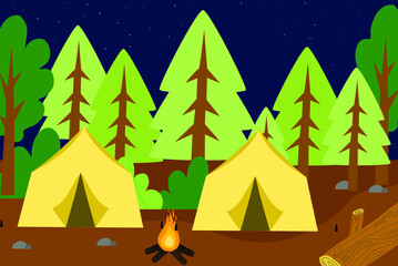 Vector illustration background with camping situation theme. Yellow tent in the woods with best landscape view in the background. 
