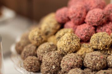 Delicious and beautifully served pastries close-up. Cookies on a plate. Beautiful sweet snacks