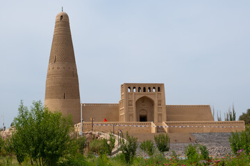 front view of Imin Minaret famous landmark in ughur region, layer of bricks consisted of many kind of geomertric patterns triangular, quadriform, wave and rhomboid patterns, good place for tourists