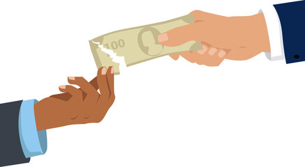 Black and Caucasian men tearing apart a money bill, and black man gets the smaller part as a metaphor for racial pay gap, EPS 8 vector illustration