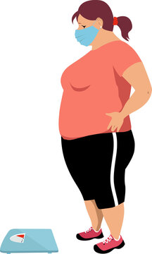 Overweight Woman In A Face Mask Looking At The Bathroom Scales, Worried About Her Quarantine Weight Gain, EPS 8 Vector Illustration