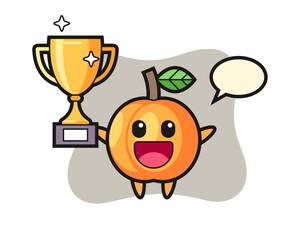 Cartoon illustration of apricot is happy holding up the golden trophy