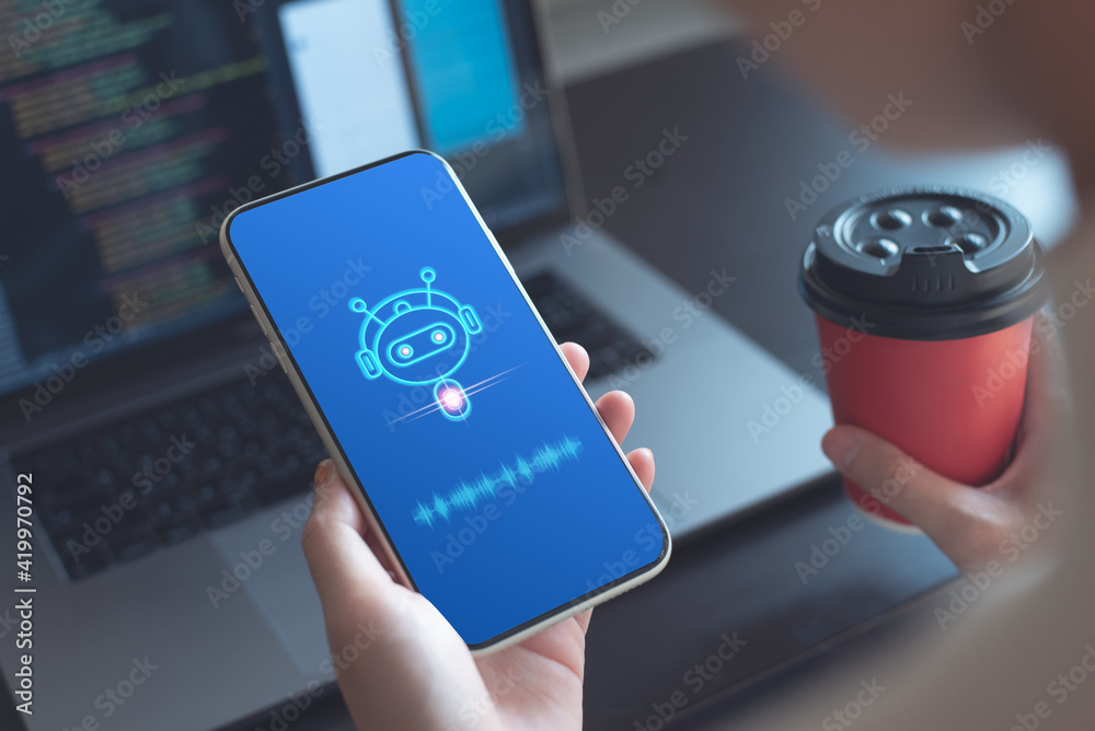 Wall mural digital chatbot answering questions online, robot conversation assistant service