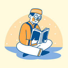 Muslim Man Reading Holy Quran At Ramadan Night Doodle Illustration