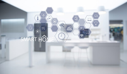 Smart home technology, IoT Internet of Things interface on smartphone app screen connected objects in the modern apartment interior