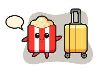 Popcorn cartoon illustration with luggage on vacation