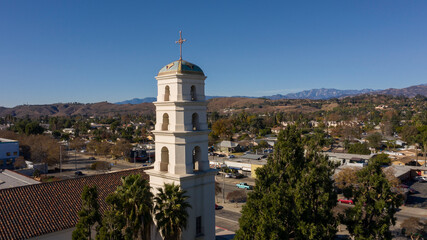 Aerial afternoon view of the historic religious center of downtown Pomona, California, USA.