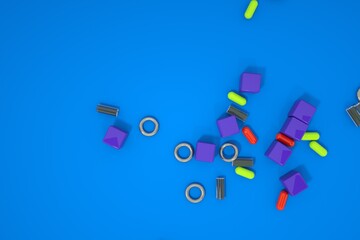 3D models of small scattered things. Pills, small parts. Computer graphics, random scattered details on a colored background.