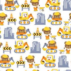 Seamless pattern vector of construction cartoon with funny worker and happy digger. Cute tiger wearing worker uniform while pushing wheelbarrow and other cute bear on digger