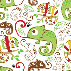 Seamless pattern vector of chameleon cartoon. Colorful striped chameleon creeping on tree branches, green chameleon stick out its tongue to catch a bug