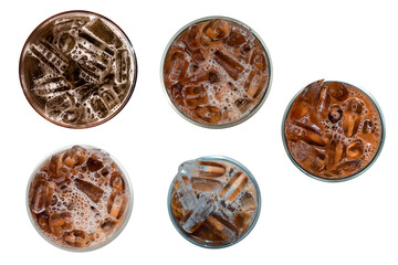 sef of isolate glass of coffee with milk on white background