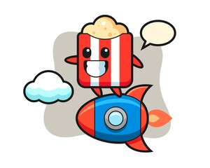Popcorn mascot cartoon riding a rocket