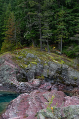 USA, Montana. Rocky outcrop, McDonald Creek, Glacier National Park.