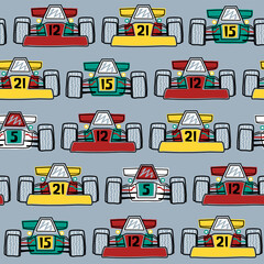 Seamless pattern vector of racing car cartoon with outline style