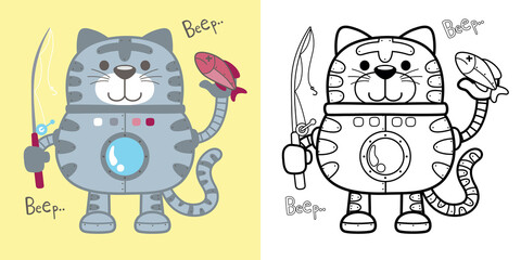 Funny cat robot standing while holding fishing tackle with fish . Coloring book or page