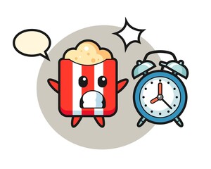 Cartoon illustration of popcorn is surprised with a giant alarm clock