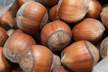 lots of fresh nuts in the hazelnut shell. macro photo