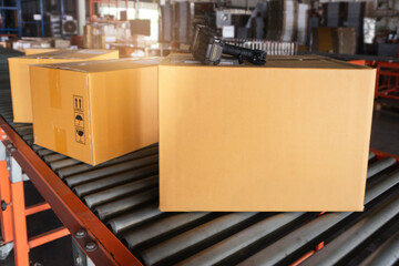 Cardboard boxes sorting on roller conveyor at the warehouse. Shipment boxes. Store warehousing....