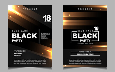 Luxury night dance party music layout cover design template background with elegant black and gold style. Light electro style vector for music event concert disco, club invitation, festival poster