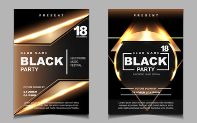 Luxury night dance party music layout cover design template background with elegant black and gold style. Light electro style vector for music event concert disco, club invitation, festival poster