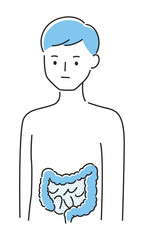 若い男性のイラスト。内臓の大腸と小腸に注目したイラスト。