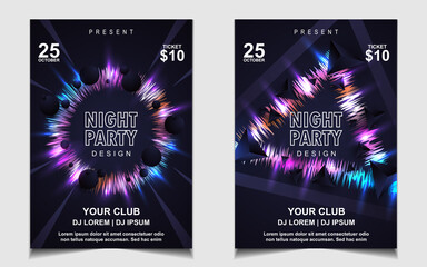 Night dance party music layout cover design template background with colorful dark blue glitters style. Light electro vector for music event concert disco, club invitation, festival poster, flyer