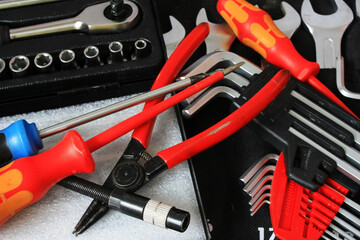 Locksmith tools for the mechanic lie on the workbench