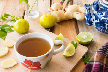 hot honey lemon ginger  herbal drink health care for sore throat arrangement flat lay style on...