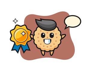 Round Biscuits Mascot Illustration holding a golden badge