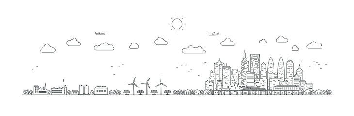 Obraz premium Panorama urban modern city landscape with high skyscrapers. Ecosystem white green energy. Vector illustration thin line city landscape.