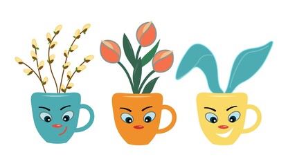 Set of cartoon easter mugs. Funny holiday dishes. Vector isolated illustration on white background.