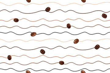 seamless vector background of coffee on waves on a white background, repeating lines and coffee beans, abstract illustration 