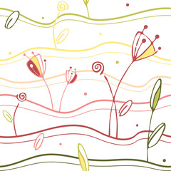 abstract seamless background with flowers and waves, multicolored repeating patterns imitating the sea or sky, vector cute flowers with leaves on a white background