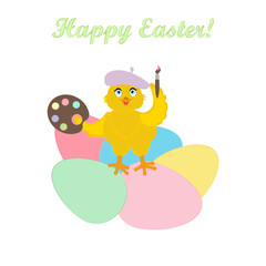 Chick painting easter eggs cute animal vector illustration
