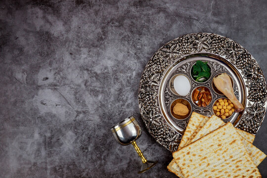 Matzoh bread with kiddush and seder. Jewish Passover holiday concept.