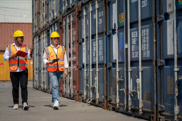 Engineer staff team checking and inspect container for international business logistic import and export concept. export logistic industrial service.