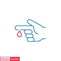 Blood on finger line icon. Vector people hand injured isolated symbol. Glucose, insulin test, diabetes concept. Simple outline style. Sign illustration on white background. Editable stroke EPS 10